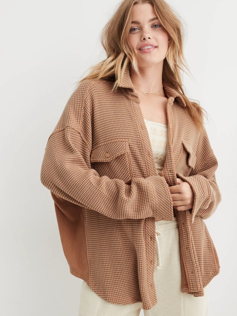Aerie Brown LumberJane Waffle Knit Long Sleeve Oversized Button Down Top